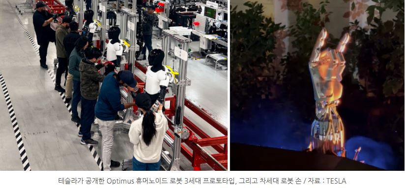 '테슬라'가 공개한 optimus '휴머노이드' 로봇 3세대 프로토타입과 차세대 로봇 손.